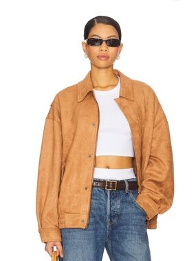 Lioness Kenny Faux Suede Oversized Bomber Jacket in Camel New!
